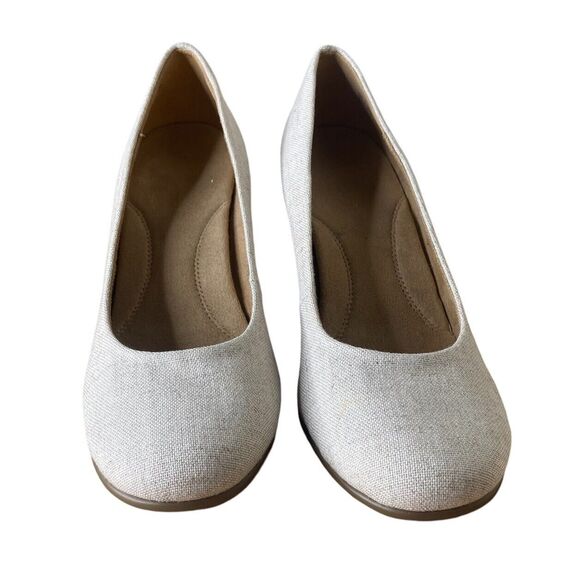 AEROSOLES Wedge Heels Size 9 Pumps Plum Tree Fabric Canvas Cork Heelrest Cream - Picture 7 of 10
